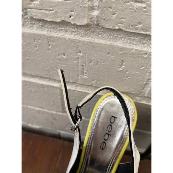 Bebe Roxanne Black/White/Neon Yellow Peep Toe Slingback 5" Platform Heel Size 5 - Picture 6 of 11